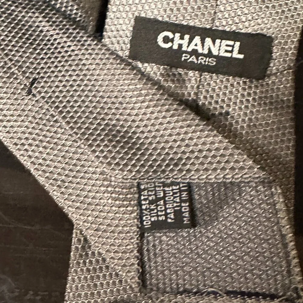 Chanel Silk Tie Mens Necktie Gray Black Hand painted Abstract Neckwear Spots
